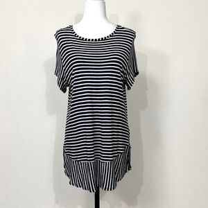 EUC G&C Black White Stripe Bodycon Rayon Button Down Back Fit Dress Tunic Top L